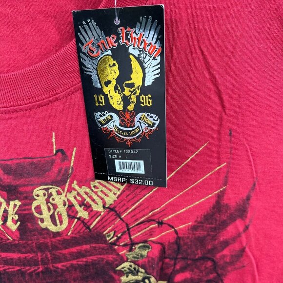 True Urban Mens Shirt Large Red 100% Cotton Short Sleeve‎ Pullover Skull NWT - Picture 6 of 11